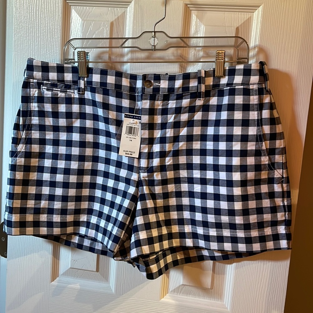 Blue and White checked shorts.  Never Worn